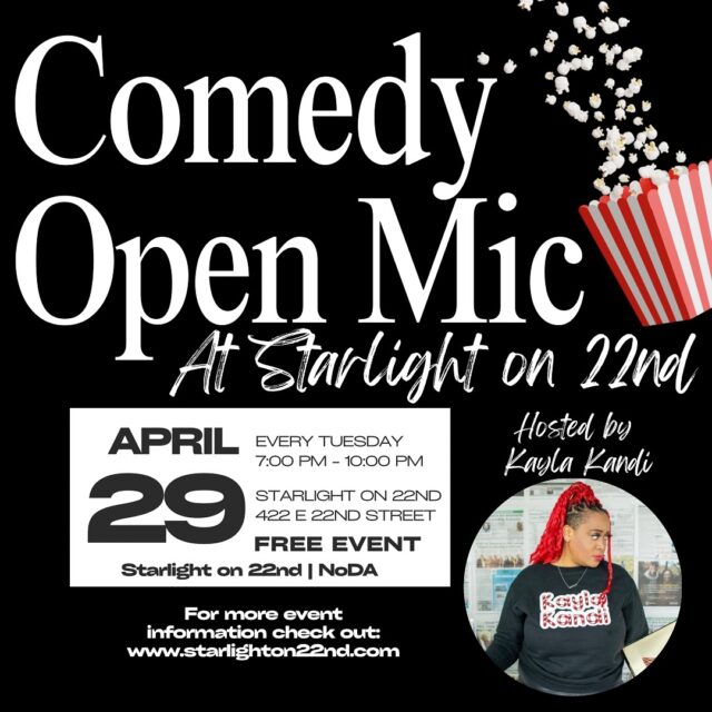 Laughs are on the mic this Tuesday! Join us for Comedy Open Mic at Starlight on 22nd — hosted by the hilarious Kayla Kandi.
April 29 | 7–10 PM | FREE event
Come out, bring your friends, and support local talent in the heart of NoDa!
More info at starlighton22nd.com