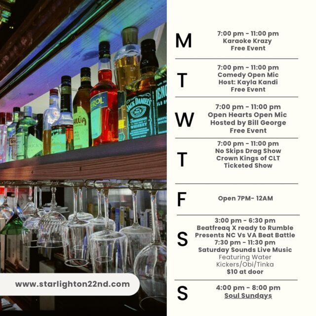 This week’s lineup = pure fun. Grab your crew and come kick it with us at Starlight on 22nd!🍻
.
🏷️ #thingstodoinclt #nodaclt #charlottenc #cltmusic #cltlife #cltagenda #cltevents #cltnightlife #your704 #cltbrewery #charlotteagenda #charlottebrewery #charlotteevents